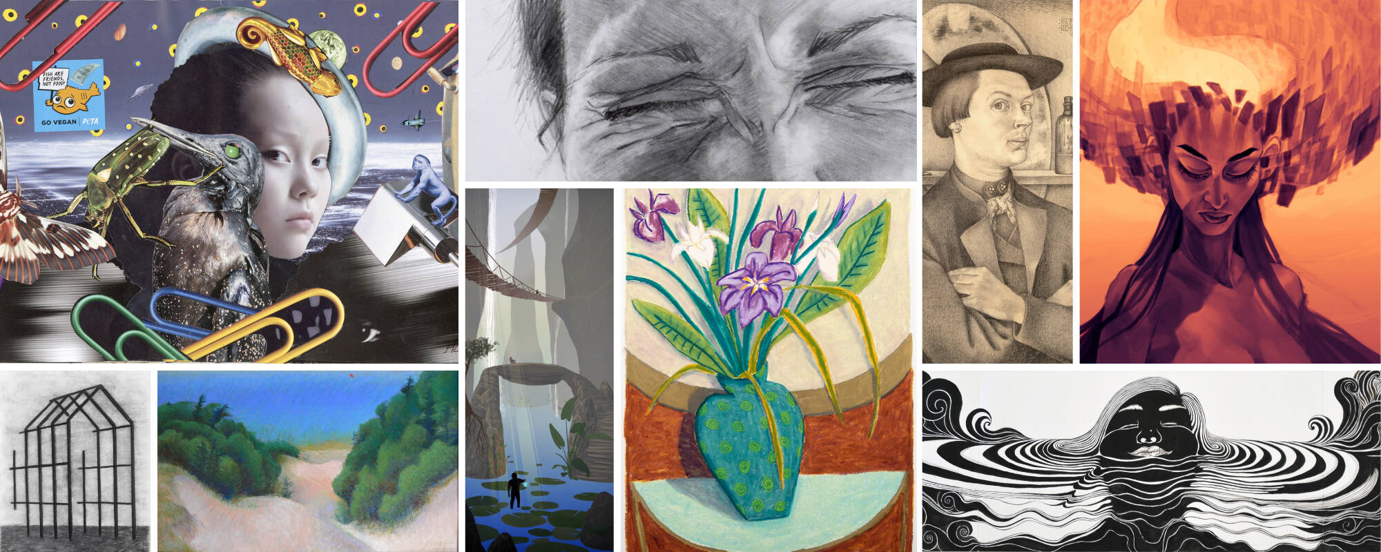 Collage of nine images from the GVSU Art Museum Collection that represent various mediums under the category of illustration and drawing.